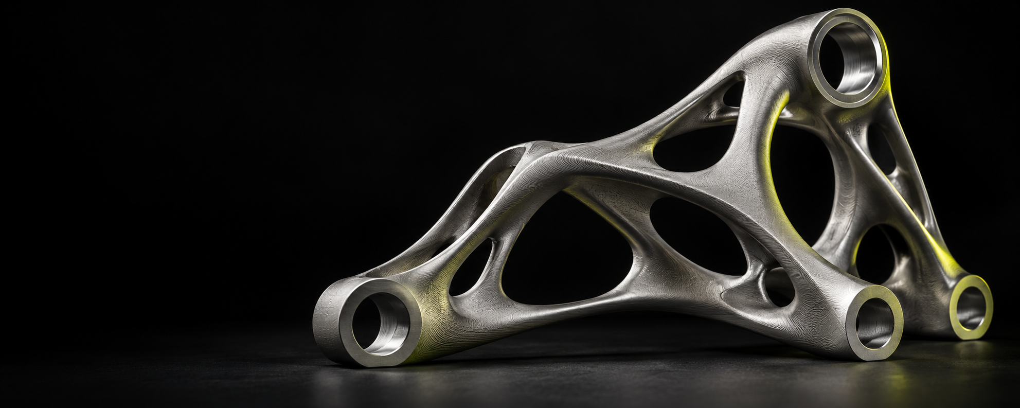 Conceptual silver additive-manufactured structure in a dark studio